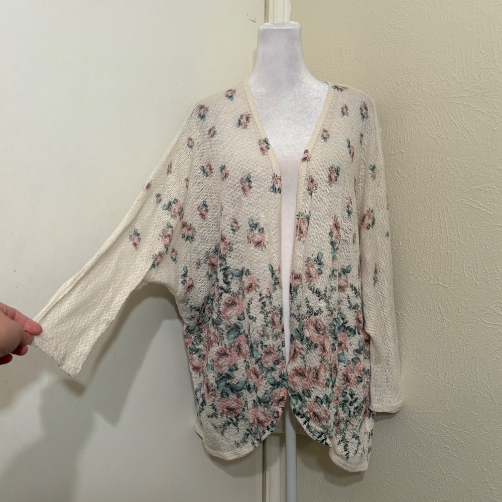 90s Vintage Cream Pink Floral Open Front Cardigan Sweater Cottagecore XL